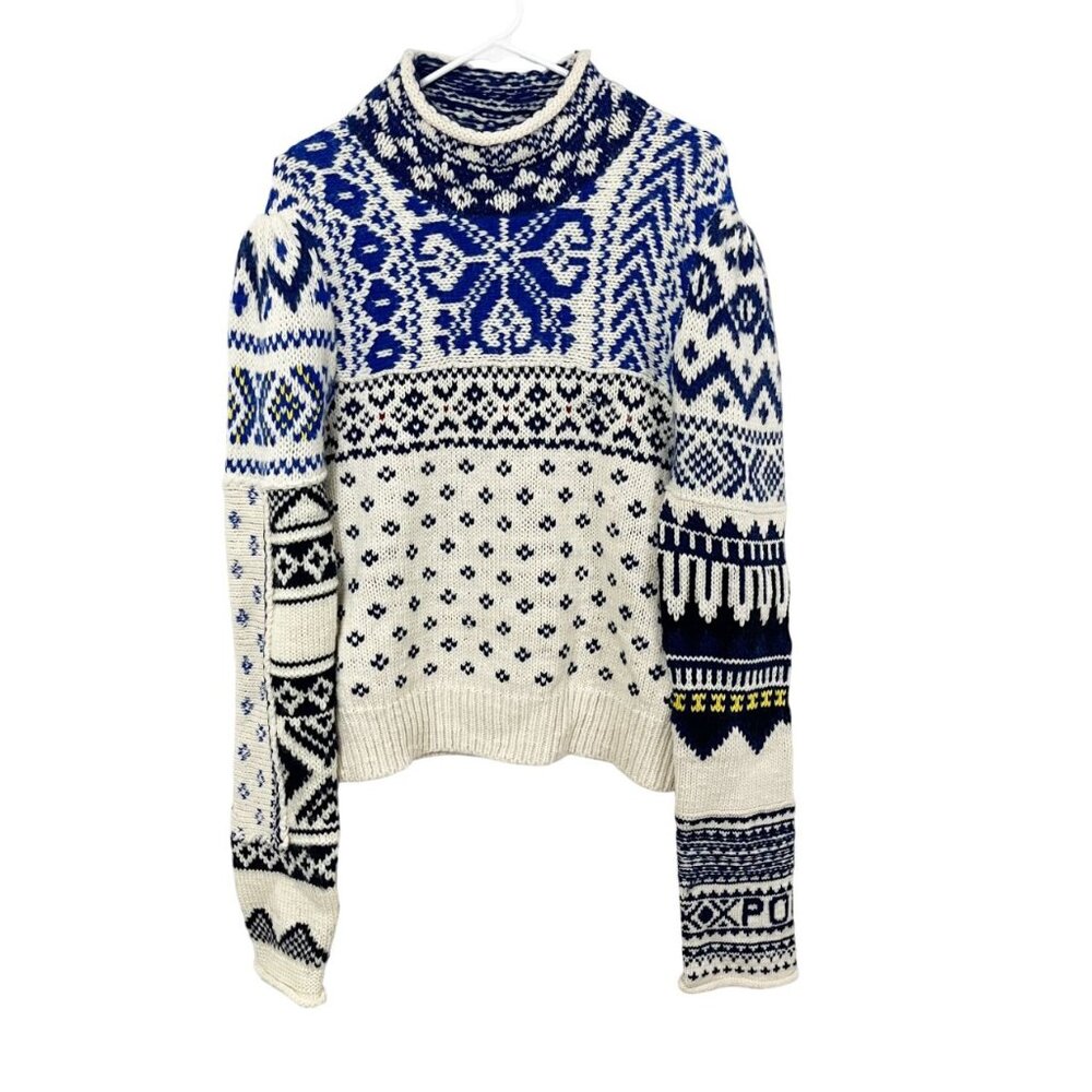 X Polo Ralph Lauren Women's Rolled Turtleneck Jumper White Blue Fair Isle - Picture 1 of 9